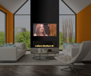 Interior of living room with orange wall and fireplace 3D rendering